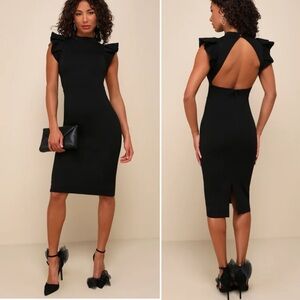 Lulus Stylish Splendor Black Backless Ruffle Bodycon Midi Dress - Size L